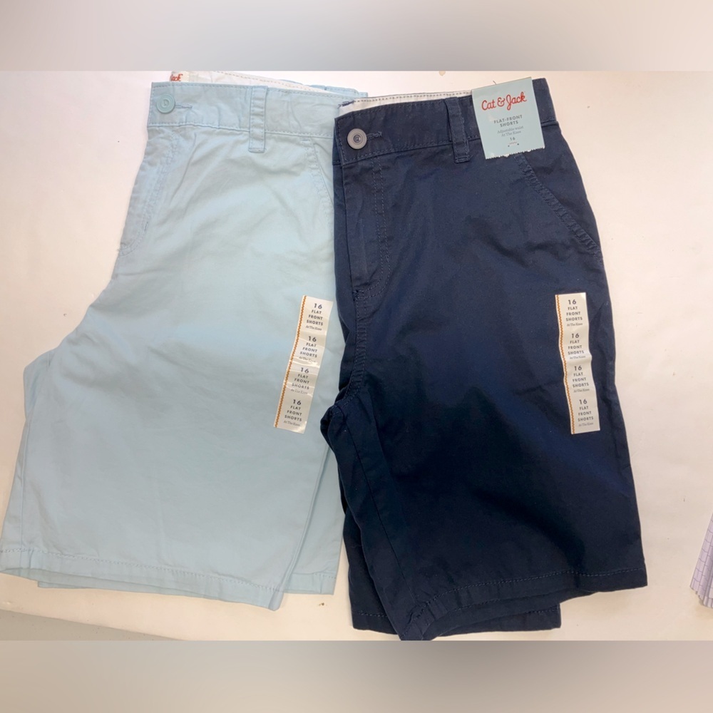 Cat & Jack Boy’s Flat Front at the Knee Shorts, 16, 2-pr, Navy Blue/Lt Blue, NWT